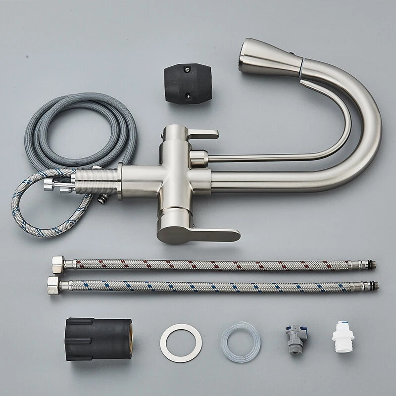 Baterie bucatarie crom nickelat cu apa filtrata si dus extractabil 35 cm BisDesign [9]