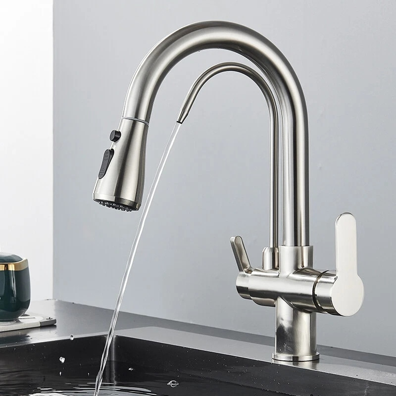 Baterie bucatarie crom nickelat cu apa filtrata si dus extractabil 35 cm BisDesign [3]