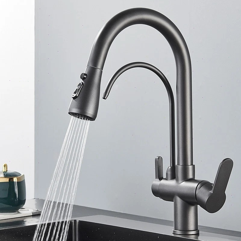 Baterie bucatarie gri antracit cu apa filtrata si dus extractabil 41 cm BisDesign [3]