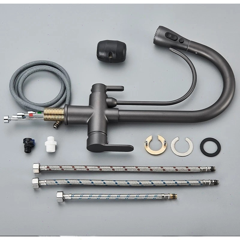 Baterie bucatarie gri antracit cu apa filtrata si dus extractabil 41 cm BisDesign [11]