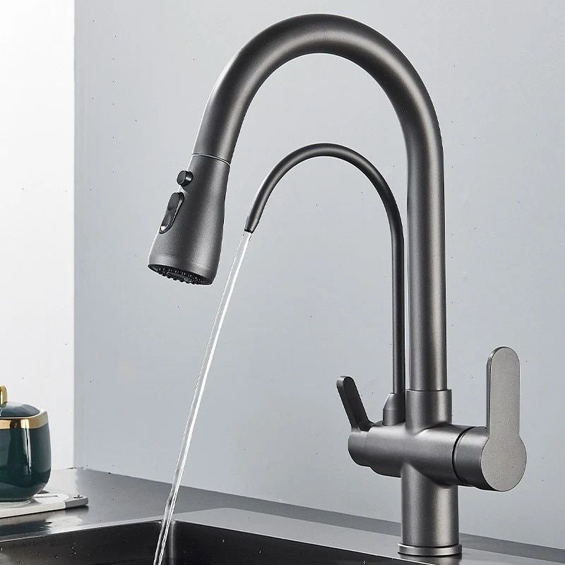 Baterie bucatarie gri antracit cu apa filtrata si dus extractabil 41 cm BisDesign [4]