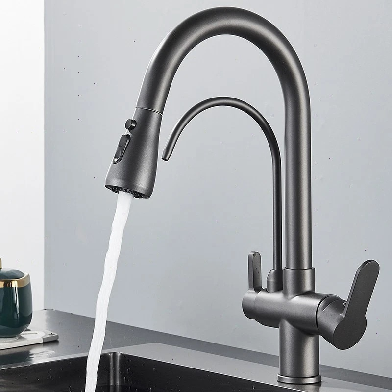 Baterie bucatarie gri antracit cu apa filtrata si dus extractabil 41 cm BisDesign [2]