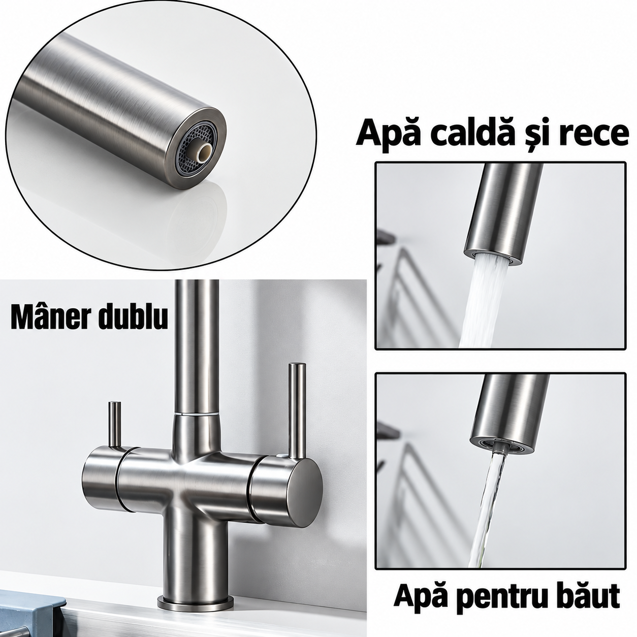 Baterie bucatarie gri metalizat cu apa filtrata si dus extractabil 38 cm BisDesign [6]