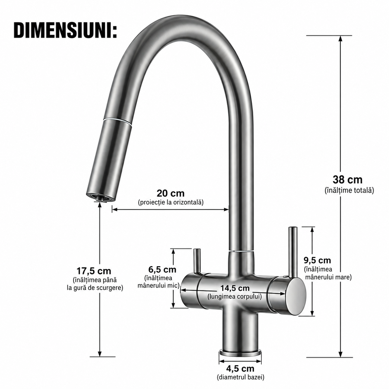 Baterie bucatarie gri metalizat cu apa filtrata si dus extractabil 38 cm BisDesign [7]
