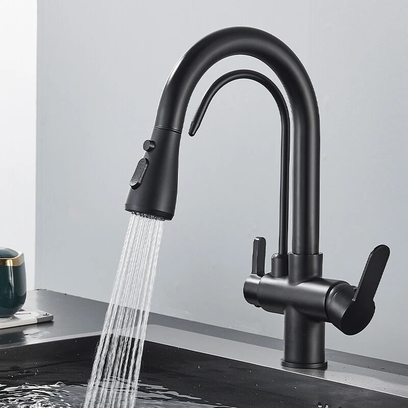 Baterie bucatarie negru mat cu apa filtrata si dus extractabil 41 cm BisDesign [2]