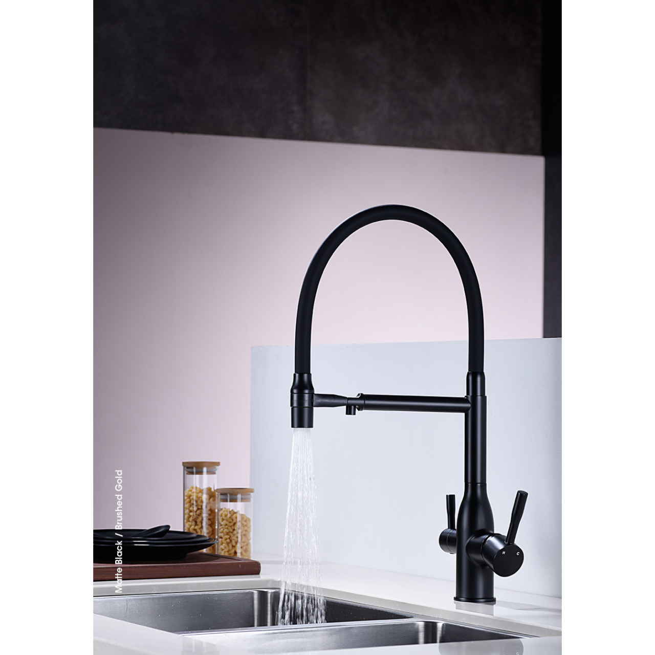 Baterie chiuvetă bucătărie negru mat 48 cm cu duș maleabil și 3 funcții [6]