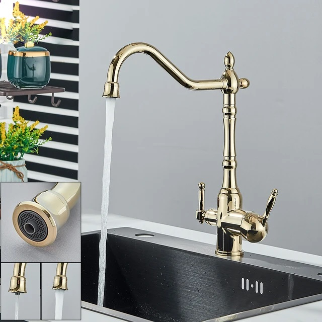 Baterie bucătărie auriu lucios 34 cm cu două funcții apă filtrată și rece/caldă [2]