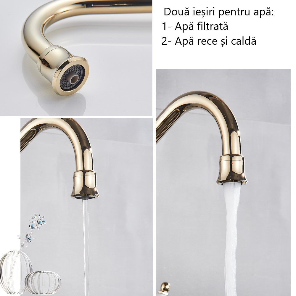 Baterie bucătărie auriu lucios 34 cm cu două funcții apă filtrată și rece/caldă [4]