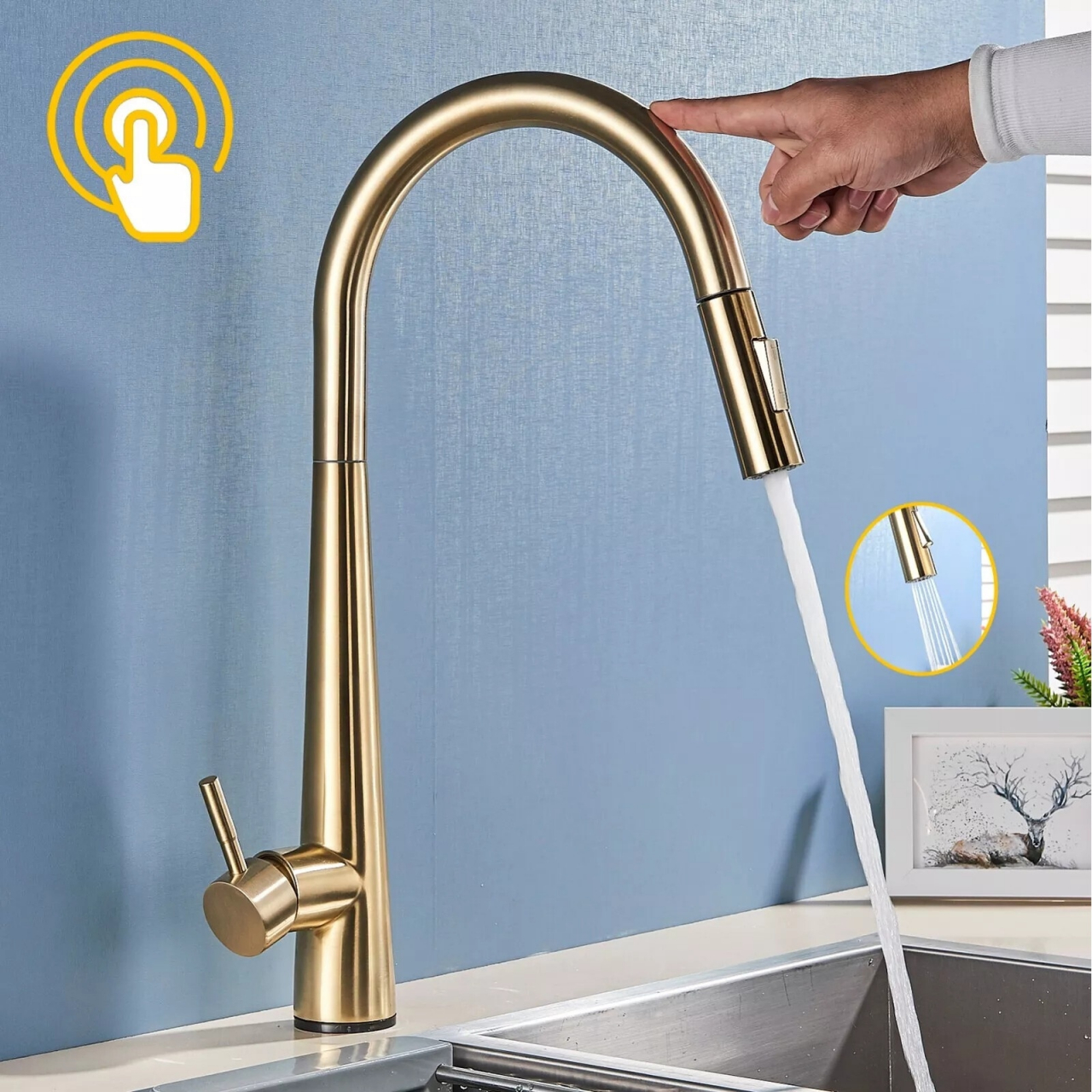 Baterie bucătărie auriu mat 47 cm cu funcție Touch și duș extractabil [2]