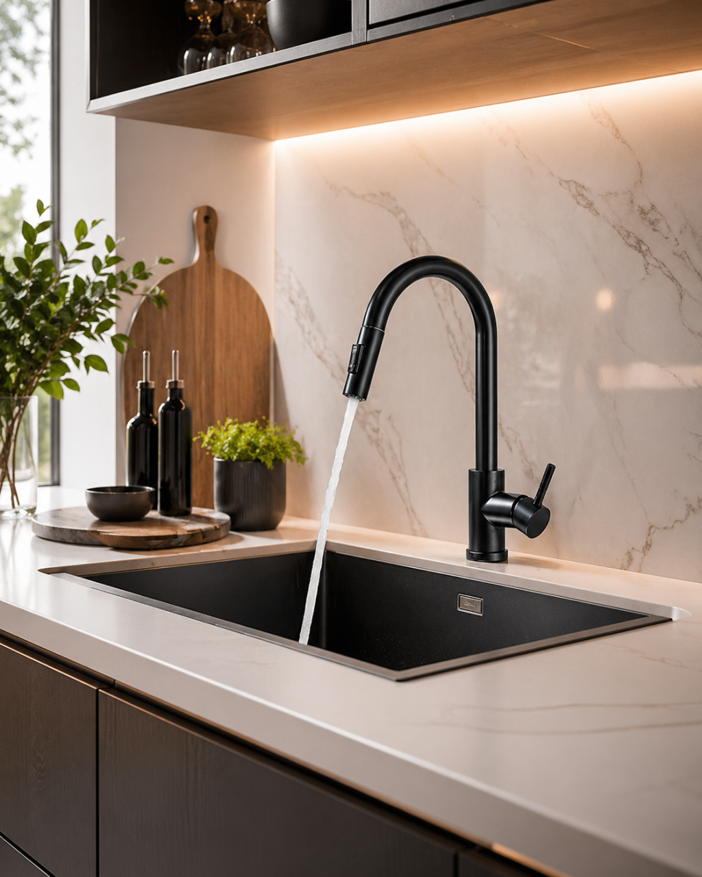 Baterie bucătărie negru mat 39 cm cu funcție Touch și duș extractabil [2]