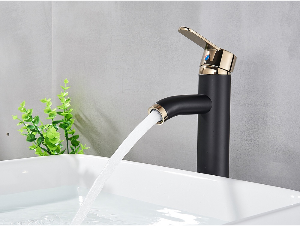 Baterie lavoar înaltă baie negru mat & auriu 30 cm design premium [2]