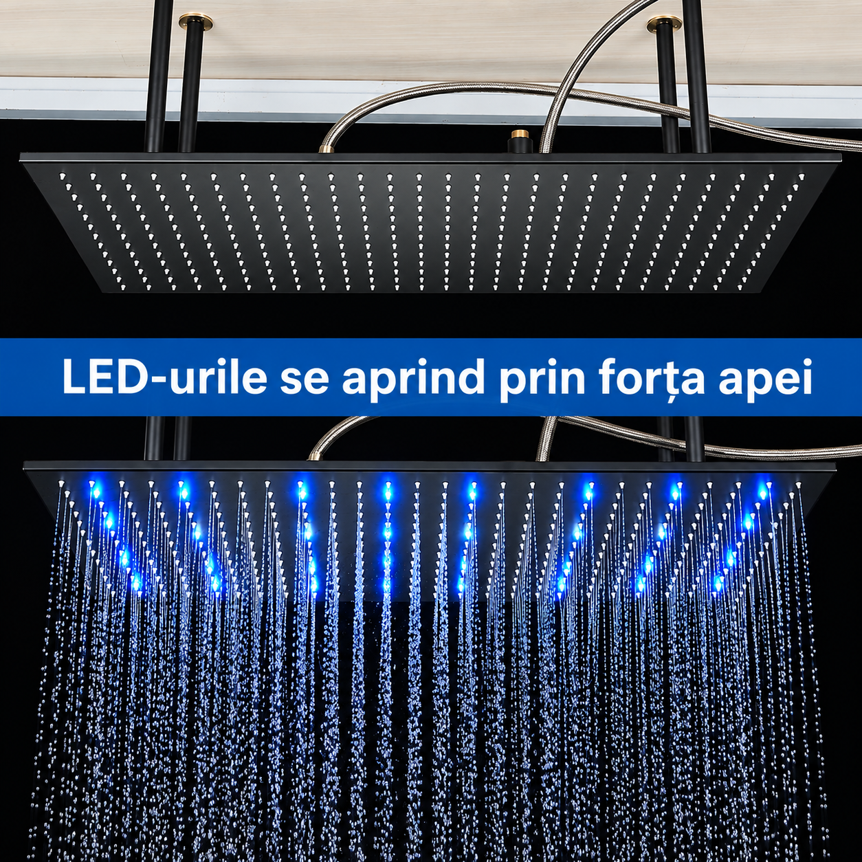 Cap de duș tip ploaie BisDesign® 40 × 80 cm, negru mat, LED [6]