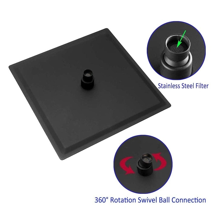 Cap duș pătrat BisDesign® Ultra Slim 20x20 cm, finisaj negru mat, oțel inoxidabil [10]
