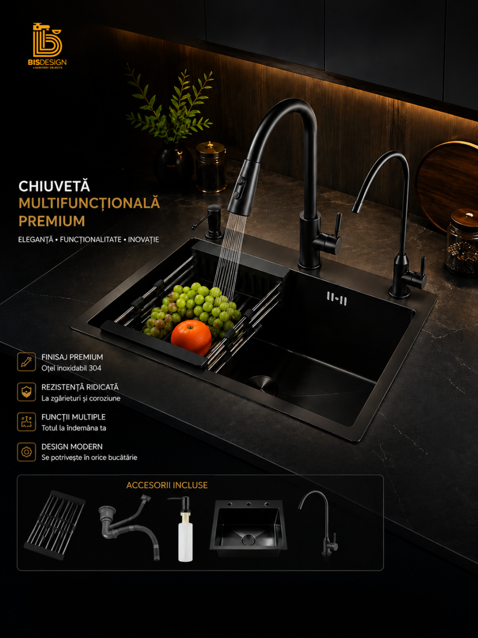 Chiuvetă bucătărie multifuncțională negru mat 550x450 mm cu baterie extractabilă și accesorii [2]