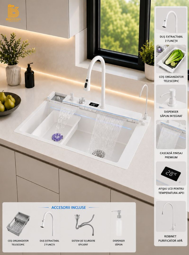 Chiuvetă multifuncțională bucătărie alb mat 77 L cu LCD, LED și accesorii [2]