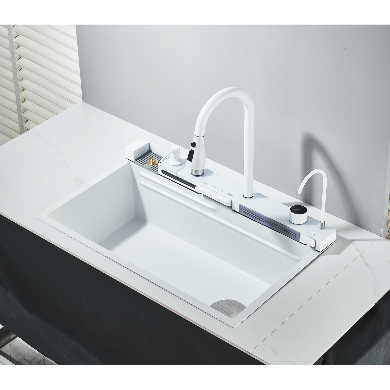 Chiuvetă multifuncțională bucătărie alb mat 77 L cu LCD, LED și accesorii [5]