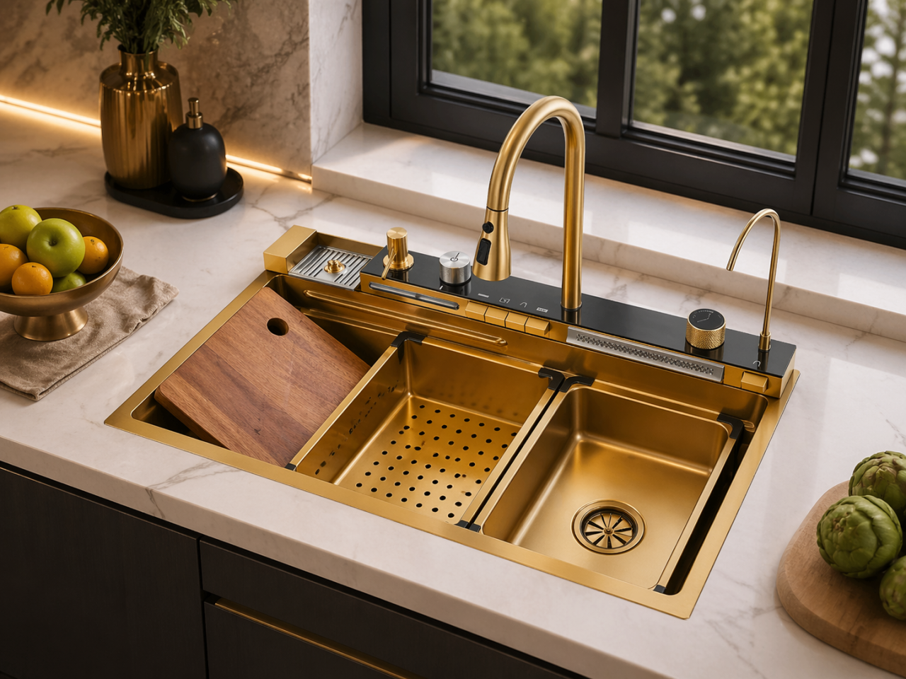 Chiuvetă multifuncțională smart bucătărie auriu mat 77 L cu LCD și accesorii [2]