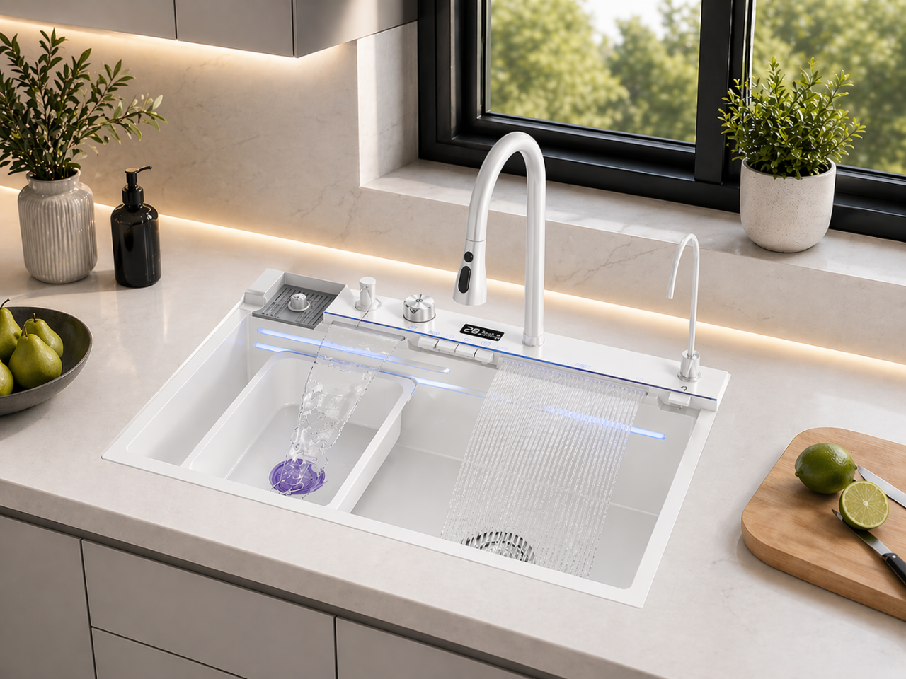 Chiuvetă multifuncțională bucătărie alb mat 77 L cu LCD, LED și accesorii [2]