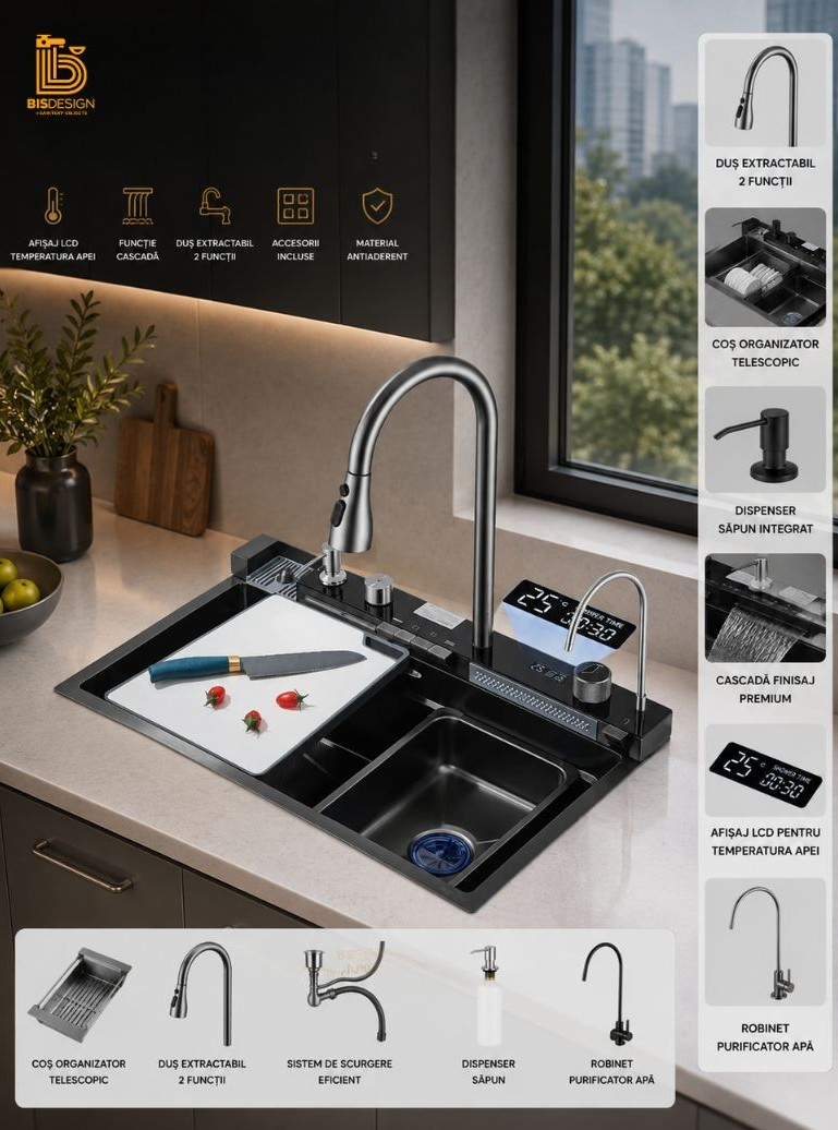 Chiuvetă multifuncțională gri grafit 77 L cu LCD și accesorii premium [2]