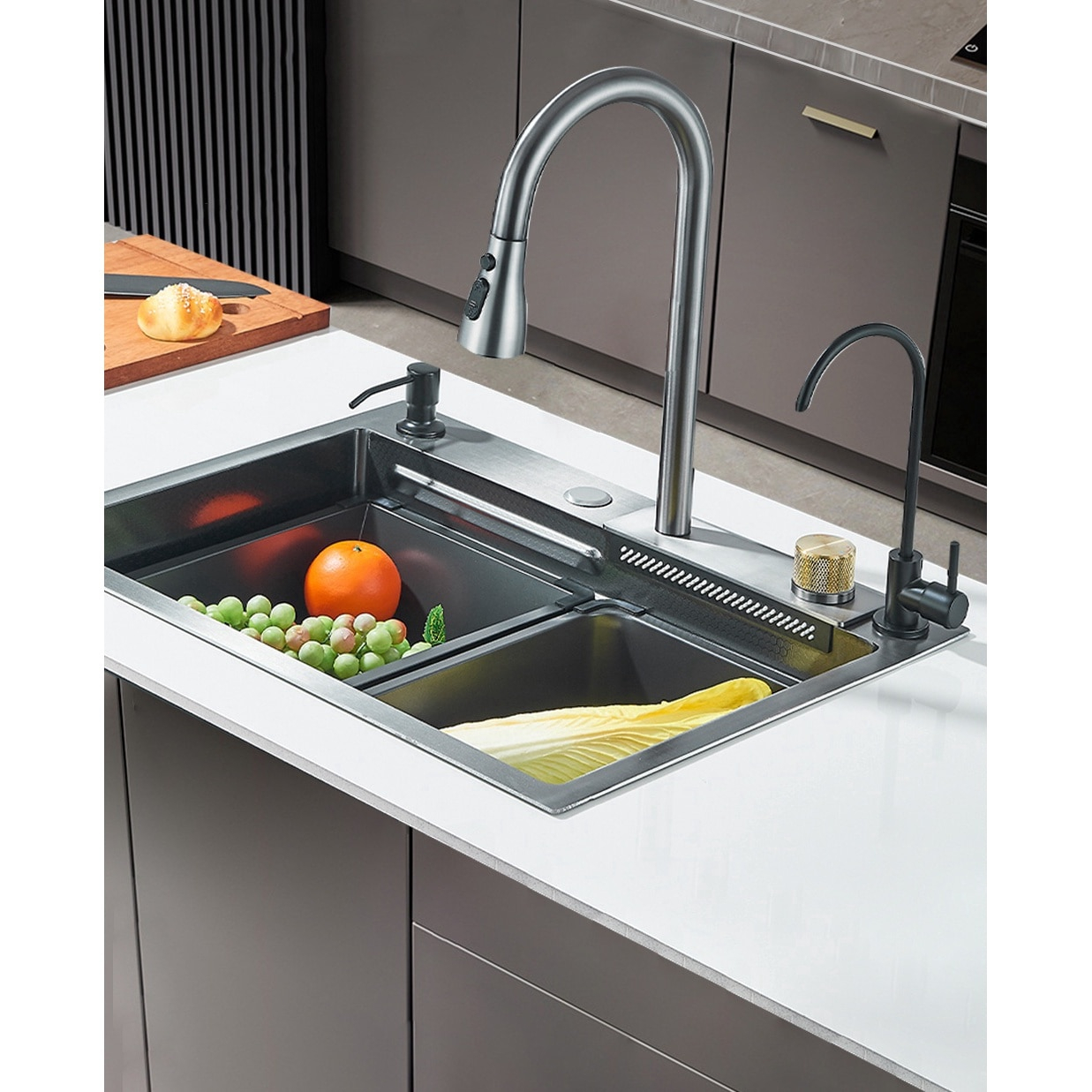 Chiuvetă multifuncțională bucătărie gri grafit 600x450 mm cu accesorii premium [2]