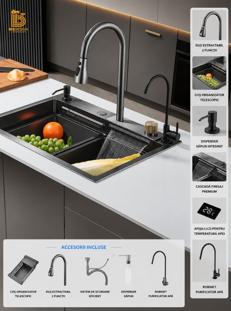 Chiuvetă multifuncțională bucătărie gri grafit 600x450 mm cu accesorii premium [2]