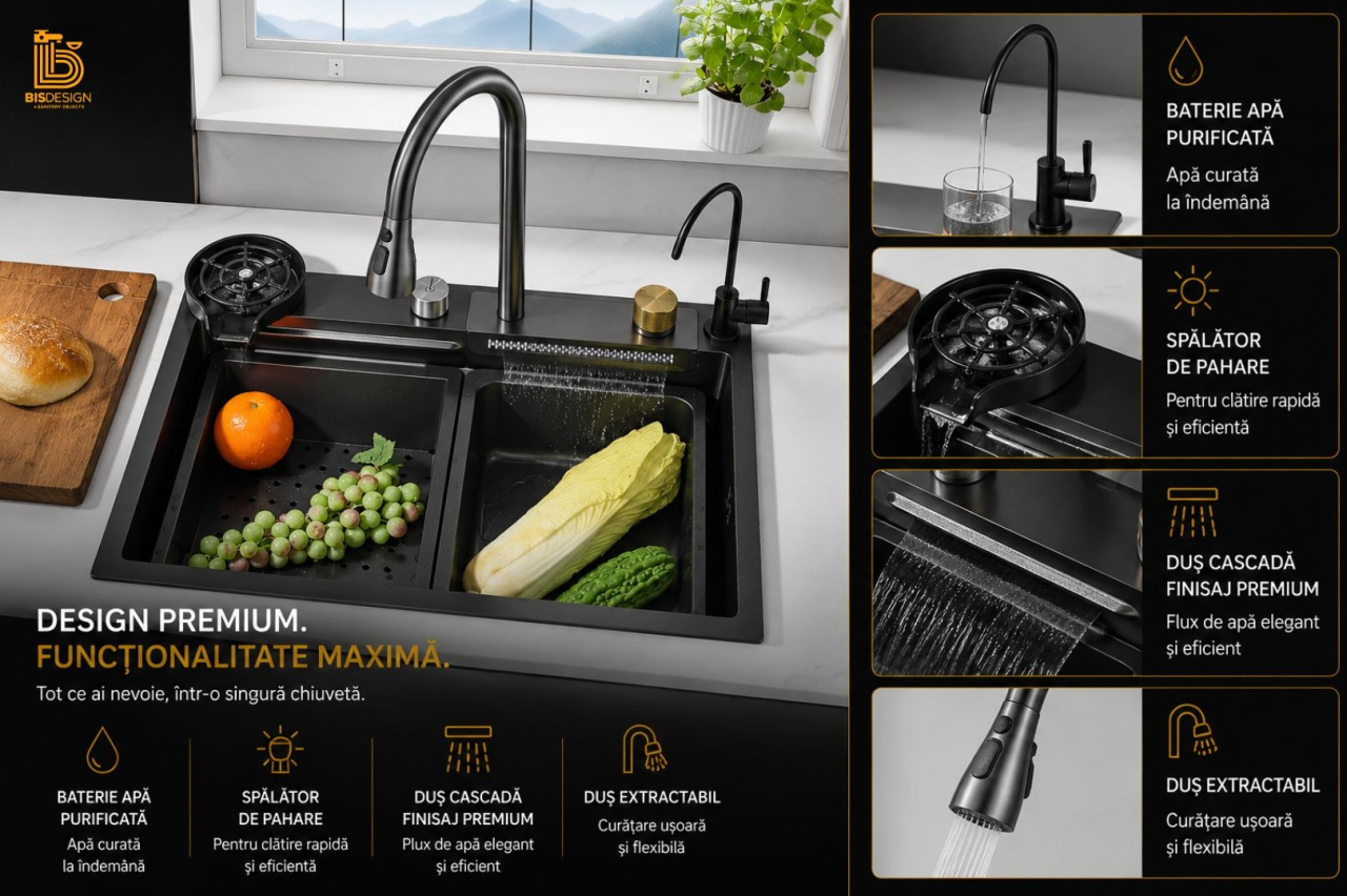 Chiuvetă multifuncțională bucătărie gri grafit 600x450 mm cu accesorii premium [2]