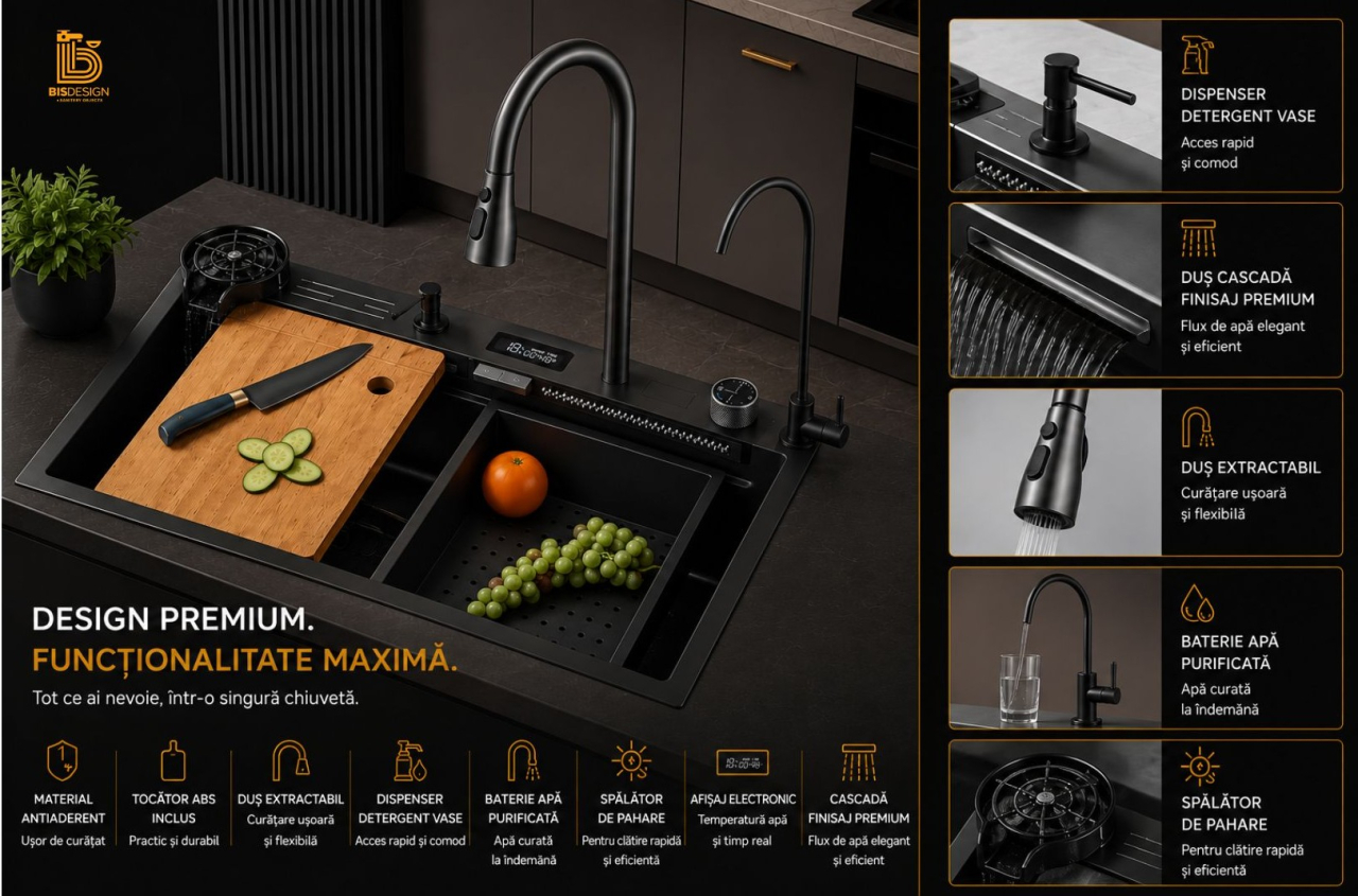 Chiuvetă multifuncțională bucătărie gri grafit 77 L cu LCD și accesorii premium [2]