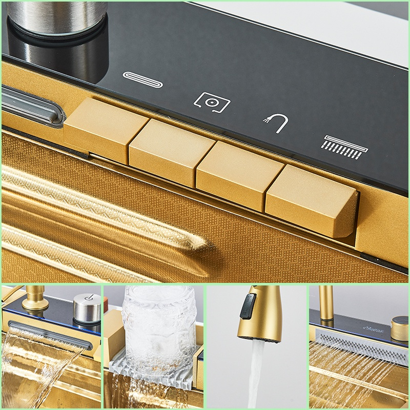Chiuvetă multifuncțională smart bucătărie auriu mat 77 L cu LCD și accesorii [4]