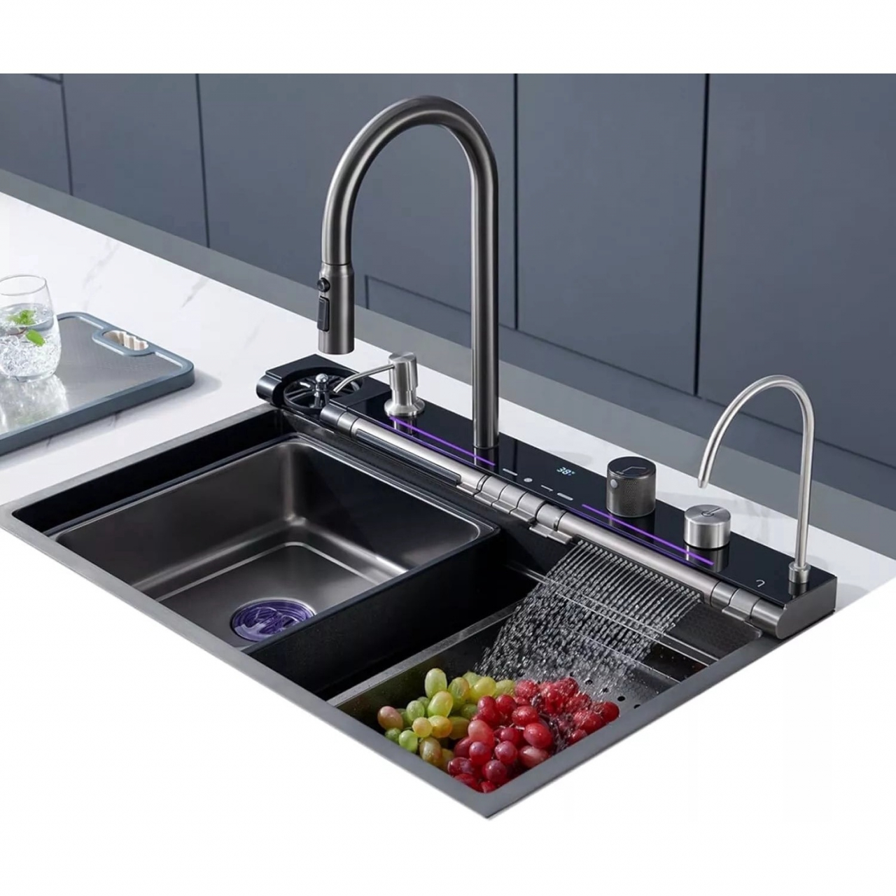 Chiuvetă multifuncțională bucătărie gri grafit 77L cu LCD, LED și accesorii [10]