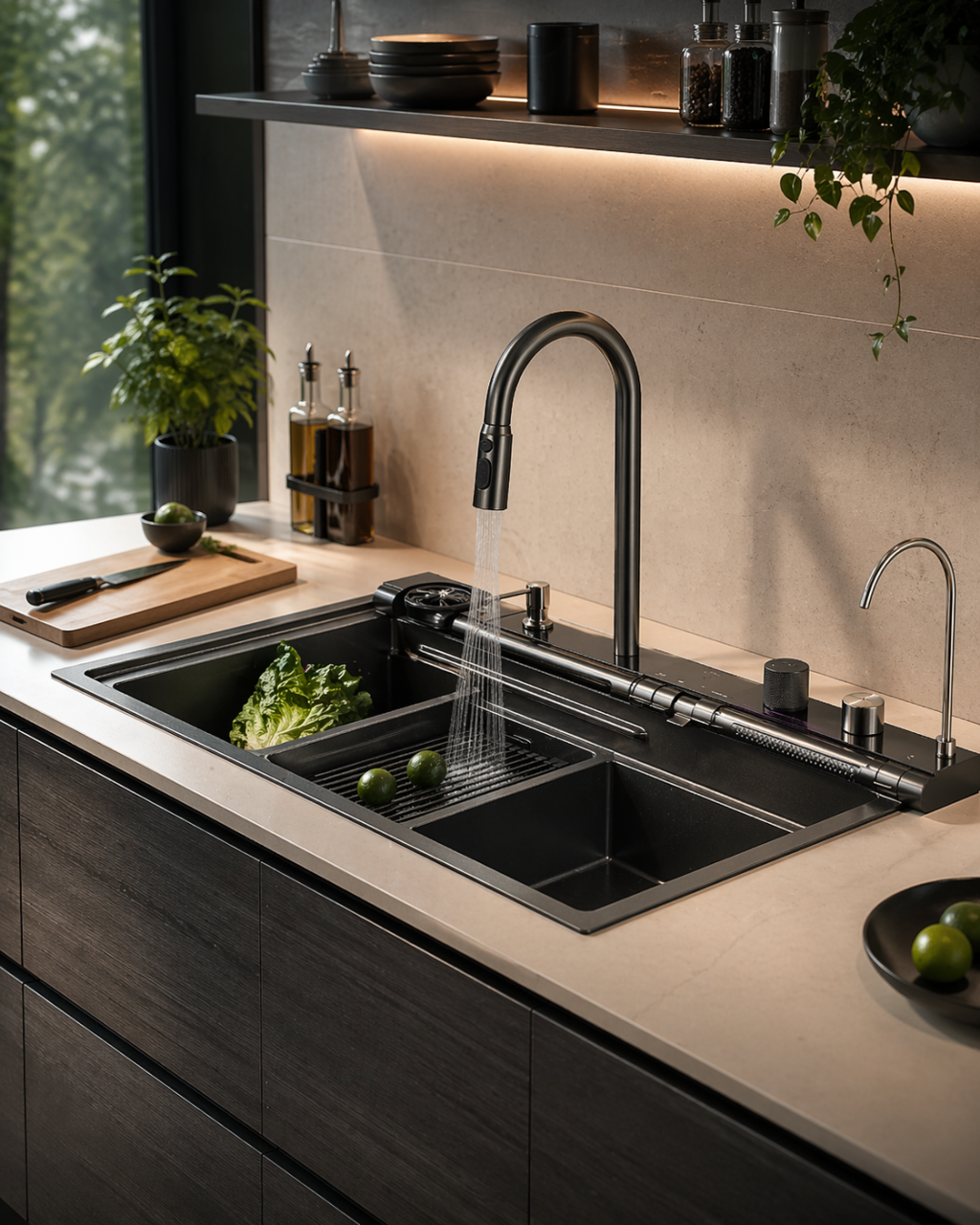 Chiuvetă multifuncțională bucătărie gri grafit 77L cu LCD, LED și accesorii [2]