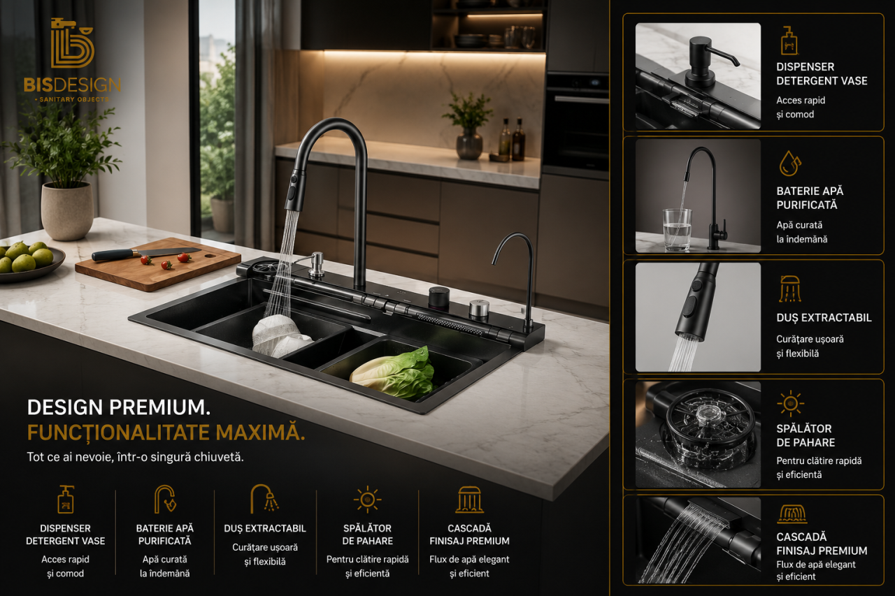 Chiuvetă multifuncțională bucătărie gri grafit 77L cu LCD, LED și accesorii [3]