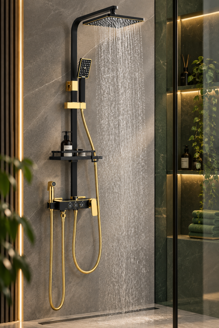 Coloană de Duș BisDesign®, Acționare Buton, Reglabilă, Cos Organizator, Negru Mat/Auriu, 4 Funcții, Pălărie 20 cm [2]