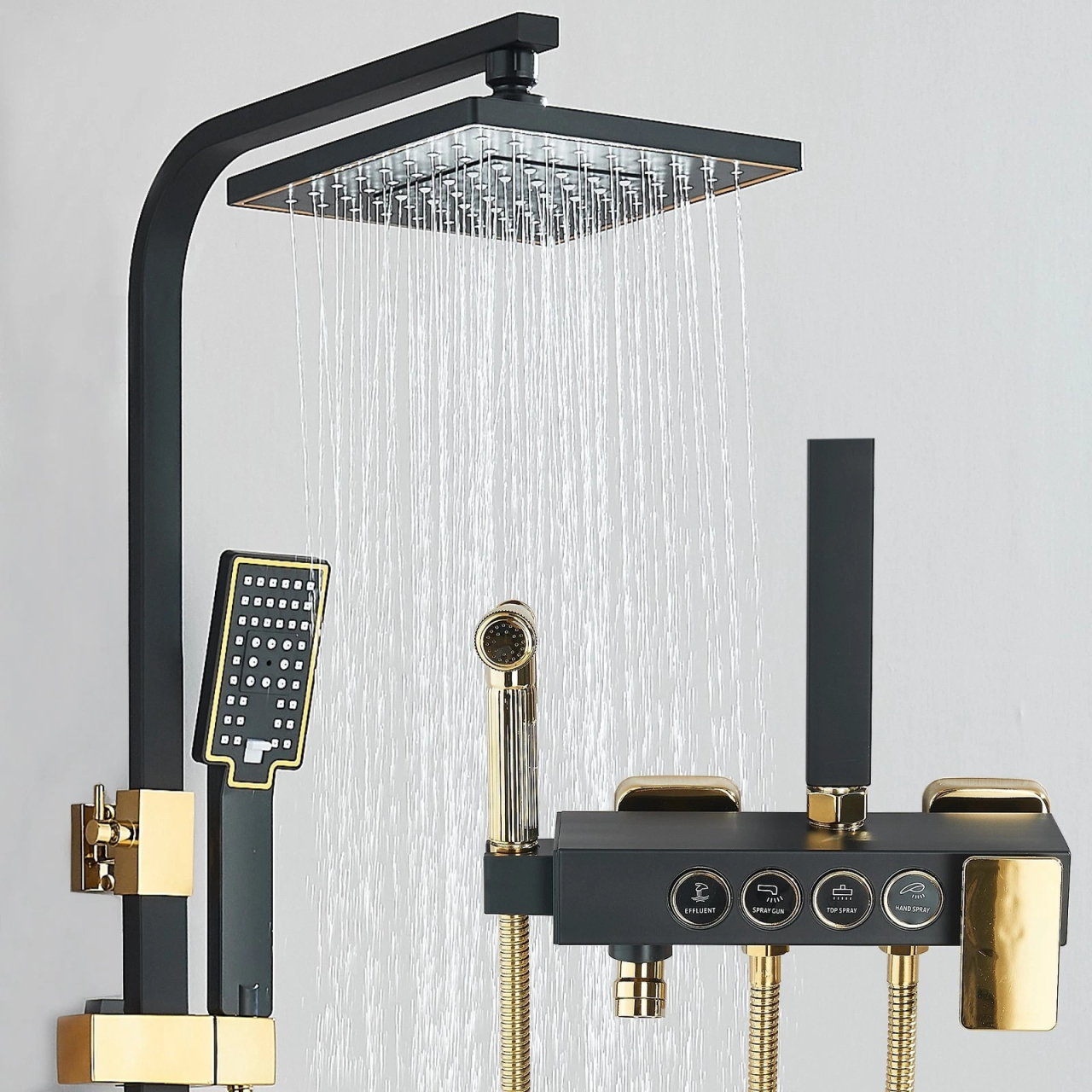 Coloană de Duș BisDesign®, Acționare Buton, Reglabilă, Cos Organizator, Negru Mat/Auriu, 4 Funcții, Pălărie 20 cm [2]
