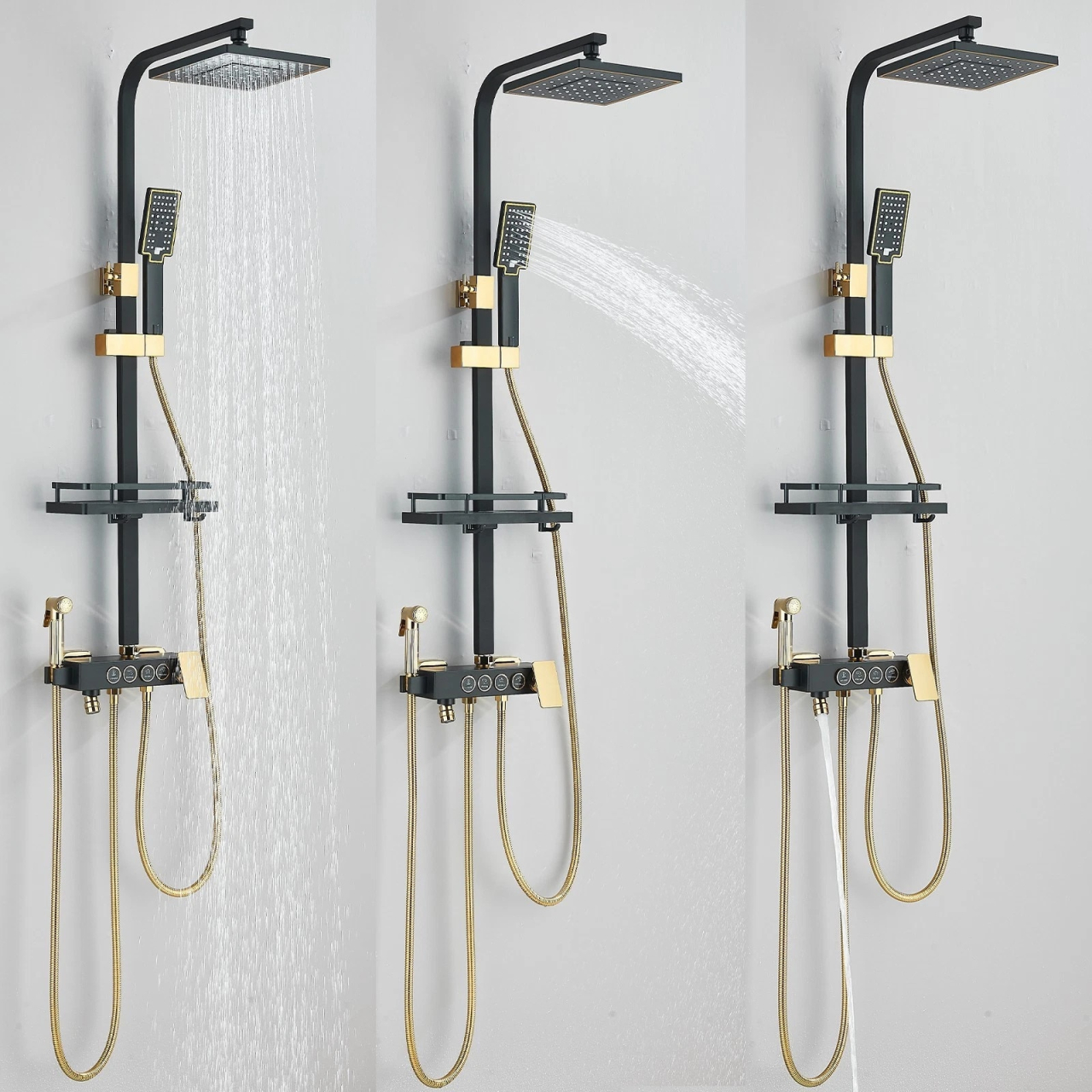 Coloană de Duș BisDesign®, Acționare Buton, Reglabilă, Cos Organizator, Negru Mat/Auriu, 4 Funcții, Pălărie 20 cm [3]