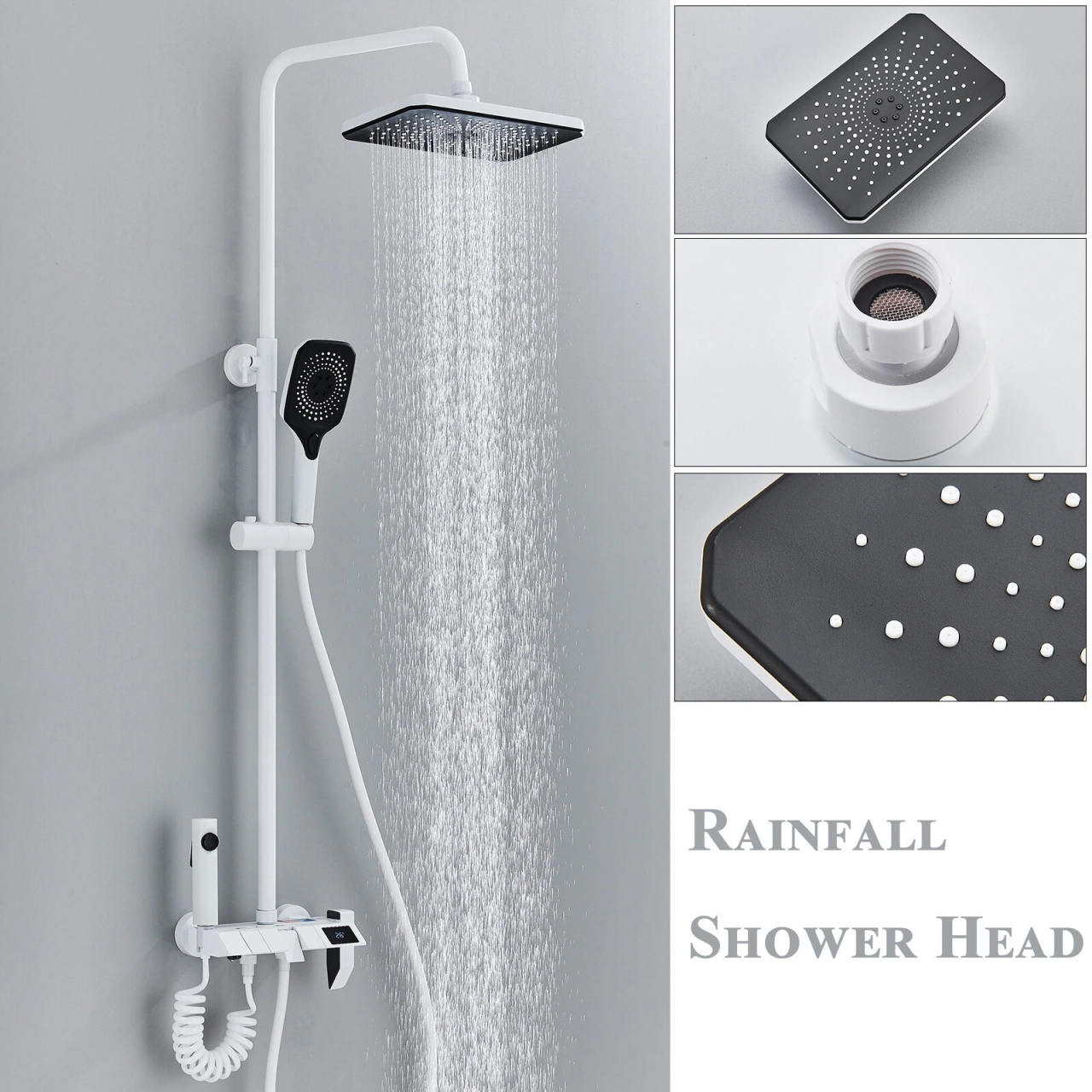 Coloană de duș alb mat cu afișaj LCD și palărie Rainfall 28 cm [3]