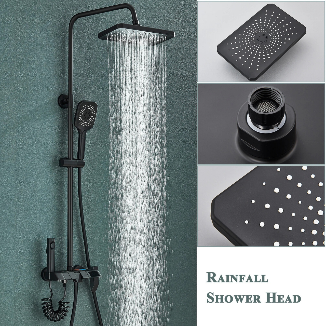 Sistem de duș premium negru mat cu afișaj digital, palărie Rainfall 28 cm și 4 funcții [2]