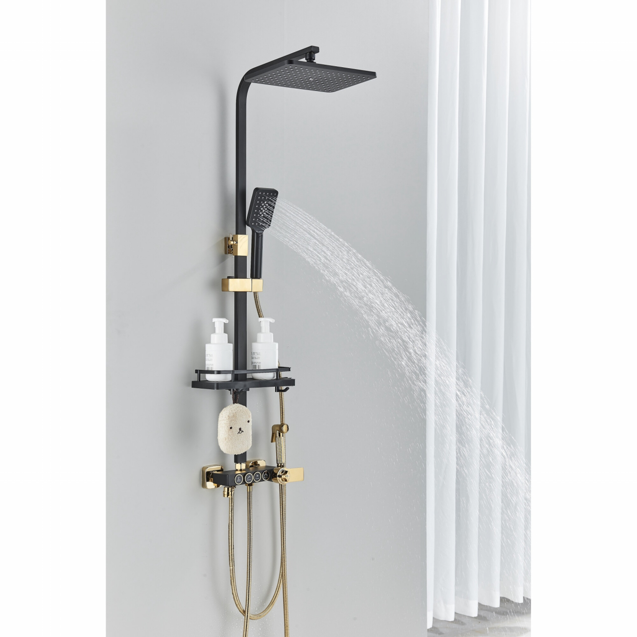 Coloană de duș negru mat și auriu cu termostat, 30 cm, 4 funcții [3]