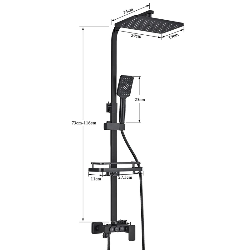Coloană de duș negru mat reglabilă 73-116 cm, para 30 cm ploaie, 3 funcții [10]