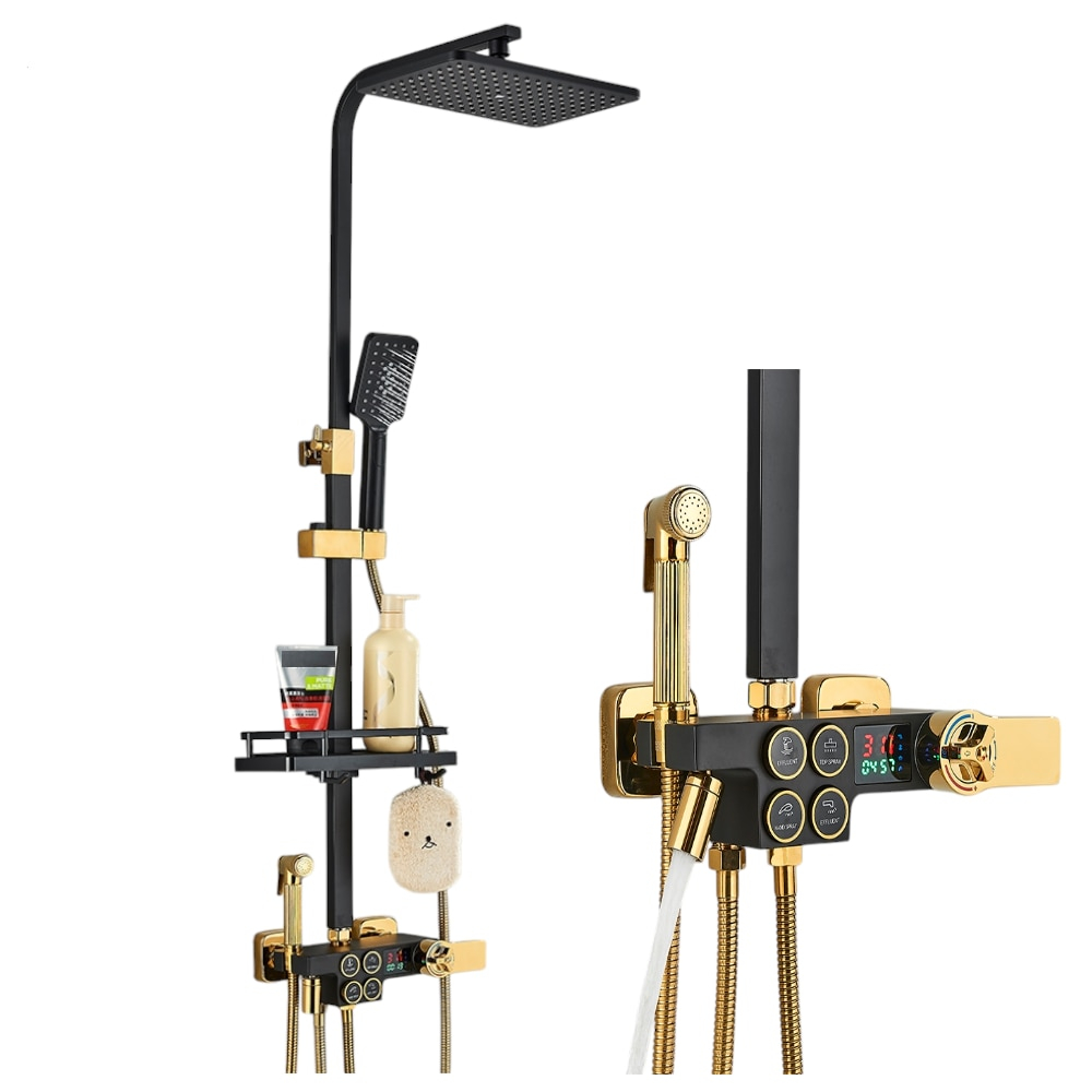 Coloană de duș auriu lucios și negru mat cu LCD și termostat, 30 cm [1]