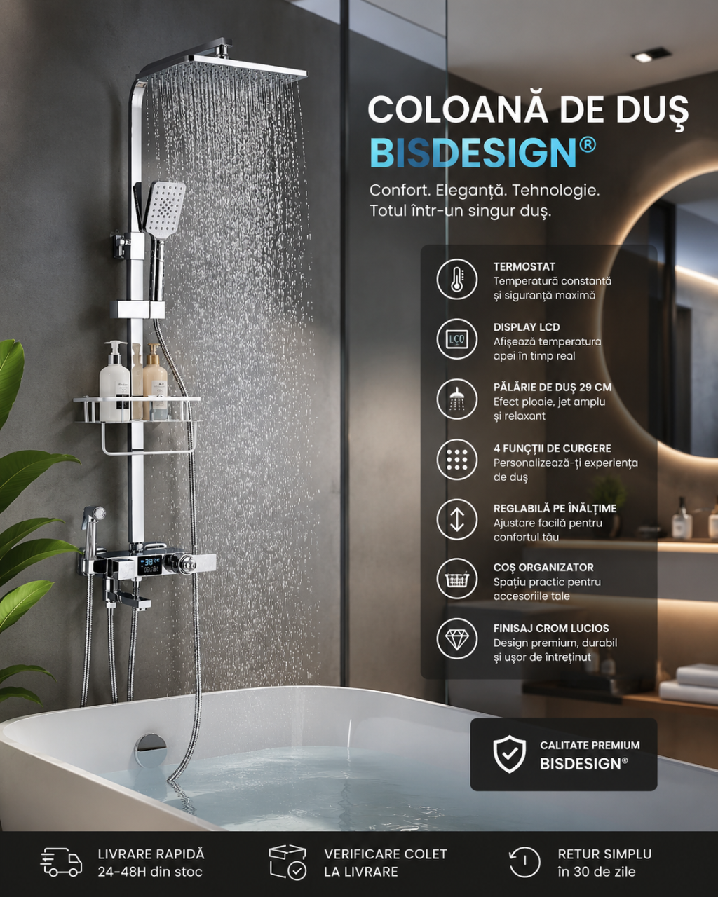 Coloana Dus BisDesign Termostat LCD Crom Lucios 29 cm [2]