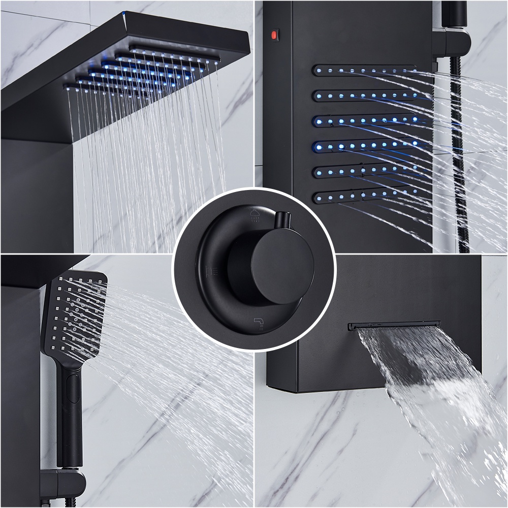 Coloană duș panel negru mat cu ploaie, cascadă, SPA și LED-uri [4]