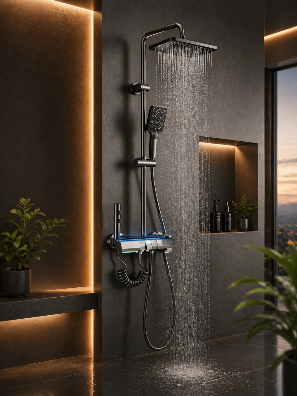 Sistem de duș negru mat cu afișaj digital, palărie Rainfall 30 cm și 4 funcții [2]