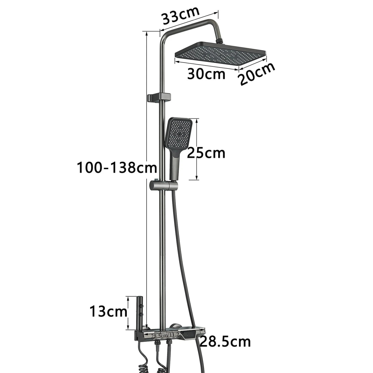 Coloană de Duș BisDesign®, Aluminiu Premium, Gri Grafit, Sticlă Neagră, Pălărie 28 cm, 4 Funcții, Afișaj Temperatură [16]