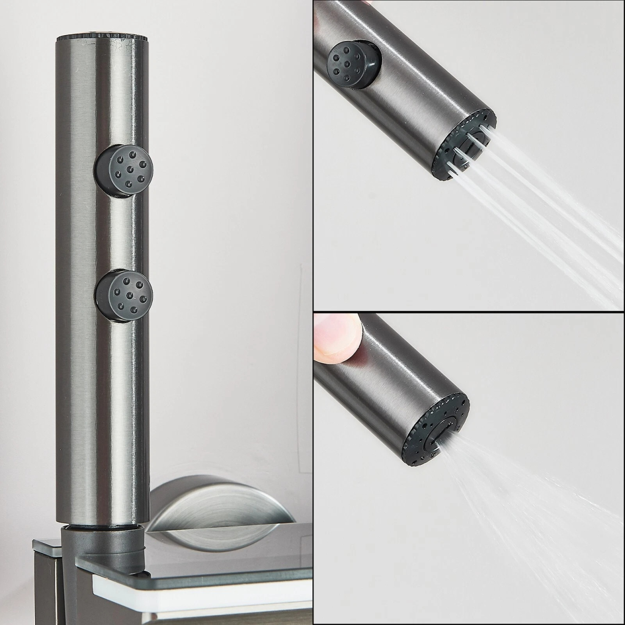 Coloană de Duș BisDesign®, Aluminiu Premium, Gri Grafit, Sticlă Neagră, Pălărie 28 cm, 4 Funcții, Afișaj Temperatură [8]