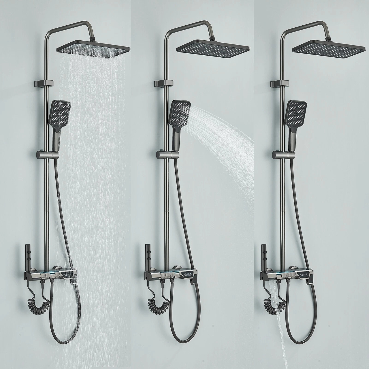 Coloană de Duș BisDesign®, Aluminiu Premium, Gri Grafit, Sticlă Neagră, Pălărie 28 cm, 4 Funcții, Afișaj Temperatură [3]
