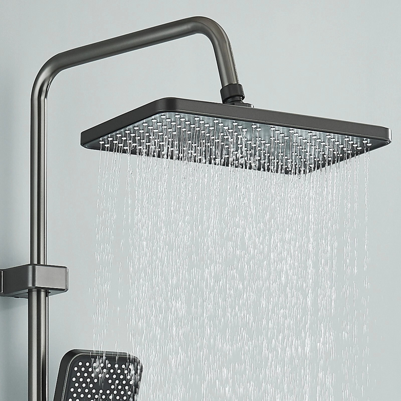 Coloană de Duș BisDesign®, Aluminiu Premium, Gri Grafit, Sticlă Neagră, Pălărie 28 cm, 4 Funcții, Afișaj Temperatură [10]