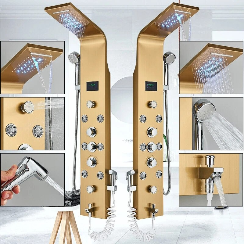 Panel de Duș BisDesign® Auriu Periat cu LED și Display Digital, 128 cm, Funcție SPA și Cascadă [4]