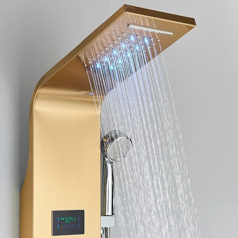 Panel de Duș BisDesign® Auriu Periat cu LED și Display Digital, 128 cm, Funcție SPA și Cascadă [5]