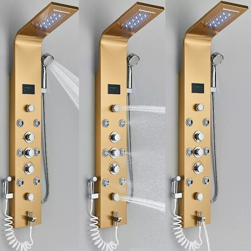 Panel de Duș BisDesign® Auriu Periat cu LED și Display Digital, 128 cm, Funcție SPA și Cascadă [3]