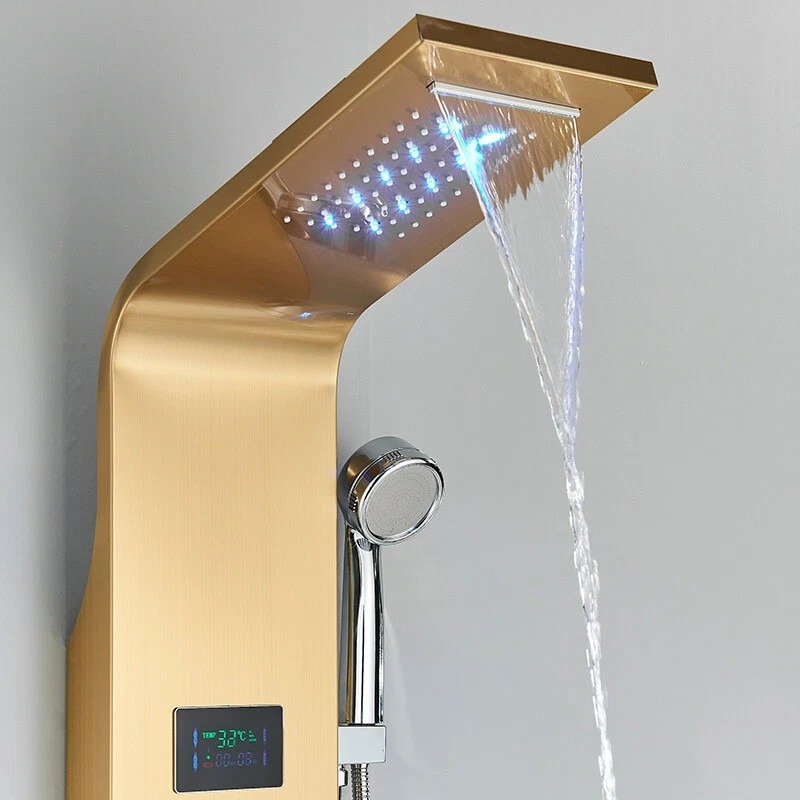 Panel de Duș BisDesign® Auriu Periat cu LED și Display Digital, 128 cm, Funcție SPA și Cascadă [6]